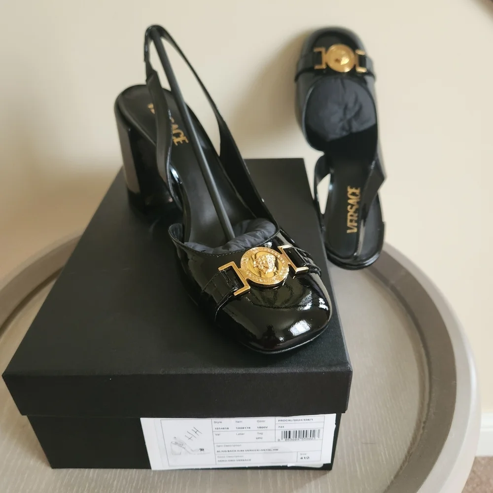 NIB Versace Glossy Black Heels with Gold Medallion